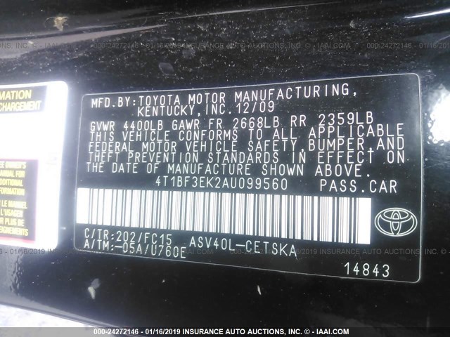 4T1BF3EK2AU099560 - 2010 TOYOTA CAMRY SE/LE/XLE 黑色 照片 9