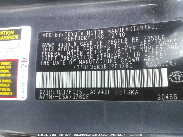 4T1BF3EK0BU201780 - 2011 TOYOTA CAMRY SE/LE/XLE GRAY photo 9