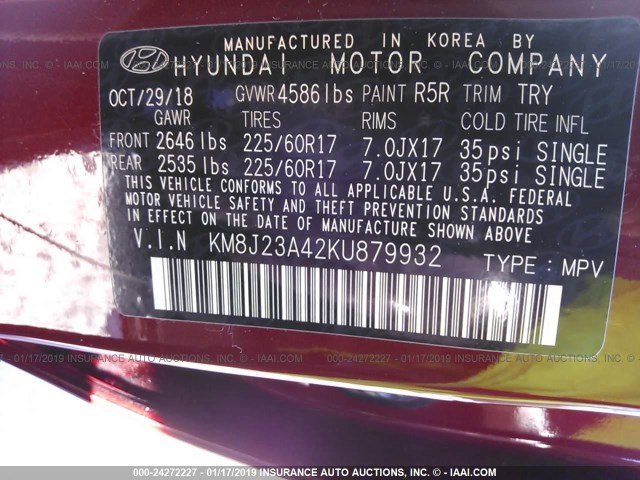 KM8J23A42KU879932 - 2019 HYUNDAI TUCSON SE RED photo 9