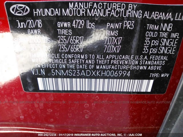 5NMS23ADXKH006994 - 2019 HYUNDAI SANTA FE SE RED photo 9