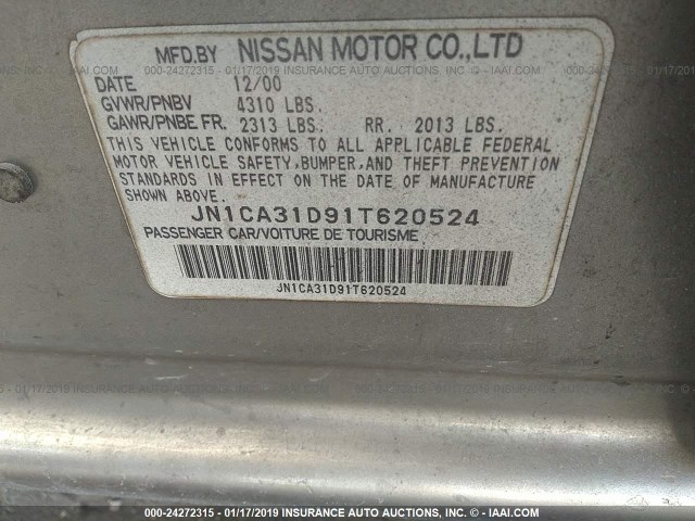 JN1CA31D91T620524 - 2001 NISSAN MAXIMA SILVER photo 9