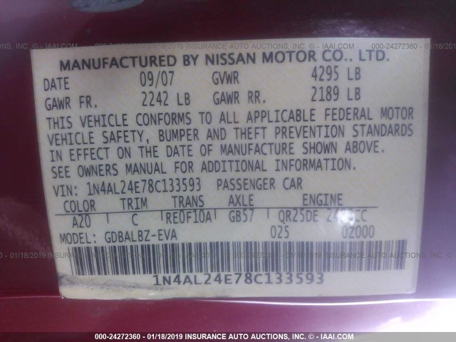 1N4AL24E78C133593 - 2008 NISSAN ALTIMA 2.5S RED photo 9