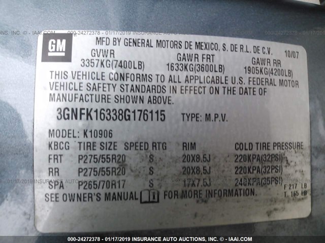 3GNFK16338G176115 - 2008 CHEVROLET SUBURBAN K1500 LS BLUE photo 9