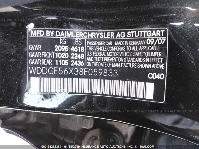 WDDGF56X38F059833 - 2008 MERCEDES-BENZ C BLACK photo 9