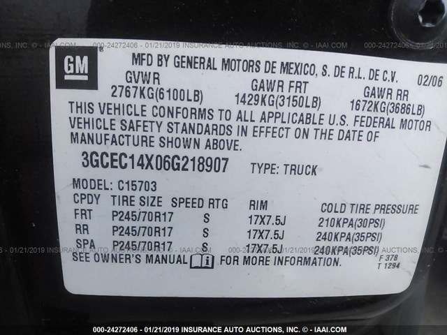 3GCEC14X06G218907 - 2006 CHEVROLET SILVERADO C1500 BLACK photo 9