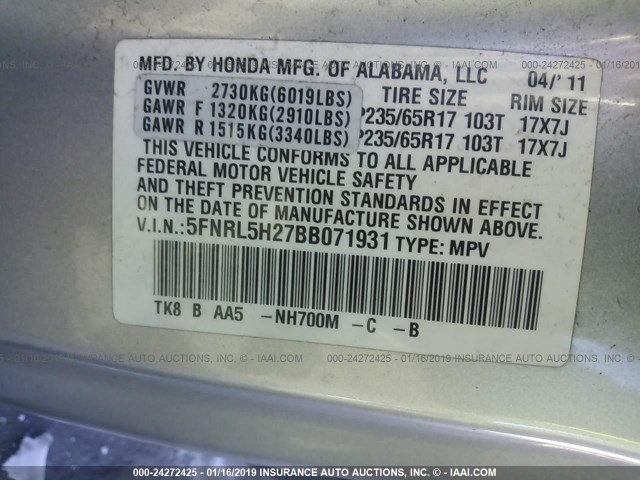 5FNRL5H27BB071931 - 2011 HONDA ODYSSEY LX SILVER photo 9