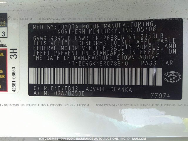 4T4BE46K19R078840 - 2009 TOYOTA CAMRY SE/LE/XLE თეთრი ფოტო 9