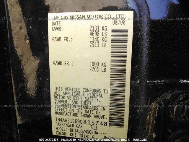 1N4AA51E69C815748 - 2009 NISSAN MAXIMA S/SV BLACK photo 9