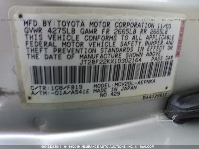 JT2BF22KX10302164 - 2001 TOYOTA CAMRY CE/LE/XLE SILVER photo 9