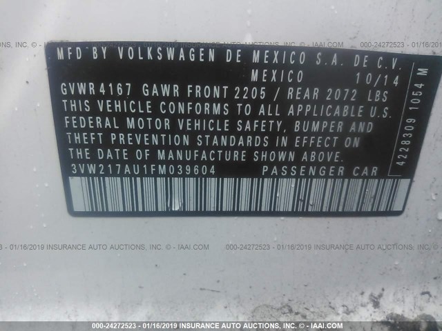 3VW217AU1FM039604 - 2015 VOLKSWAGEN GOLF WHITE photo 9