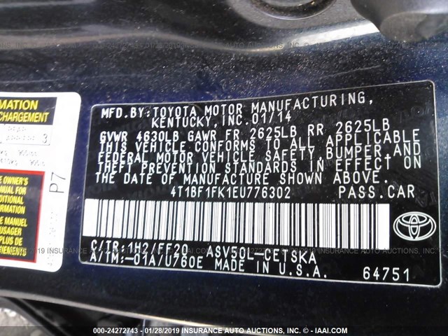 4T1BF1FK1EU776302 - 2014 TOYOTA CAMRY L/SE/LE/XLE 黑色 照片 9