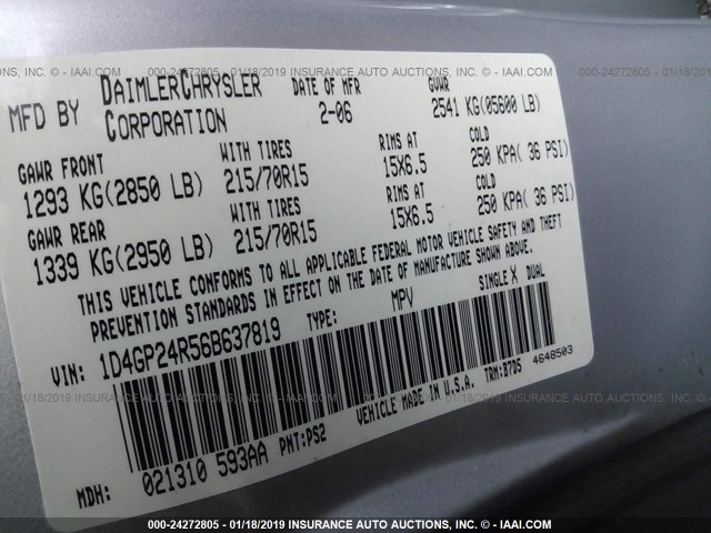 1D4GP24R56B637819 - 2006 DODGE GRAND CARAVAN SE GRAY photo 9