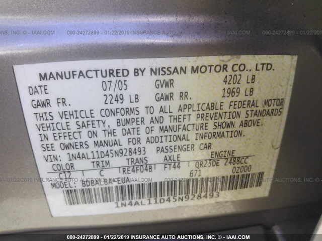 1N4AL11D45N928493 - 2005 NISSAN ALTIMA S/SL BEIGE photo 9