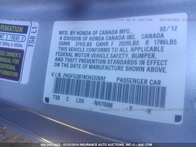 2HGFG3B18CH532692 - 2012 HONDA CIVIC EXL SILVER photo 9