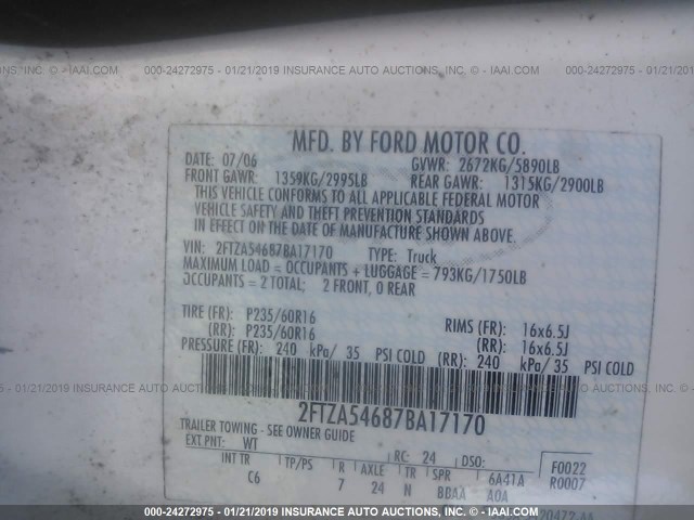 2FTZA54687BA17170 - 2007 FORD FREESTAR WHITE photo 9