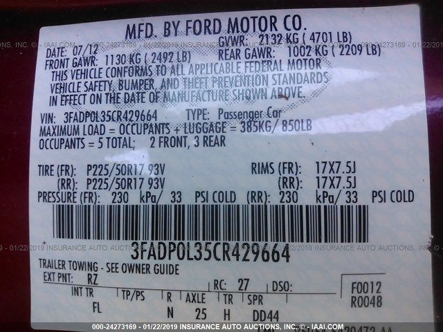3FADP0L35CR429664 - 2012 FORD FUSION HYBRID RED photo 9