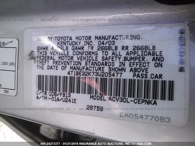 4T1BE32K73U205477 - 2003 TOYOTA CAMRY LE/XLE/SE SILVER photo 9