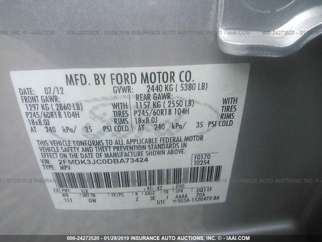 2FMDK3JC0DBA73424 - 2013 FORD EDGE SEL SILVER photo 9