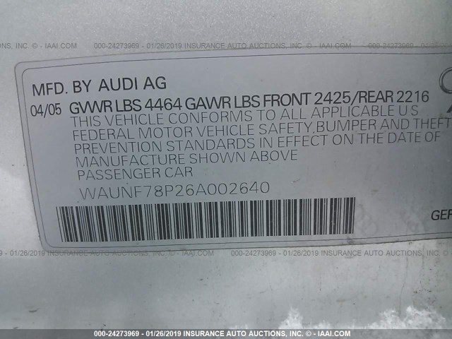 WAUNF78P26A002640 - 2006 AUDI A3 2.0 PREMIUM SILVER photo 9