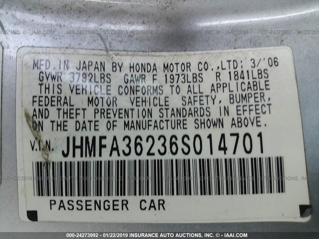 JHMFA36236S014701 - 2006 HONDA CIVIC HYBRID BLACK photo 9