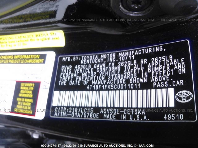 4T1BF1FK5CU011011 - 2012 TOYOTA CAMRY SE/LE/XLE BLACK photo 9