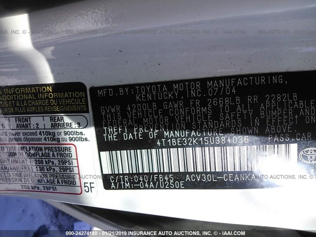 4T1BE32K15U384036 - 2005 TOYOTA CAMRY LE/XLE/SE WHITE photo 9