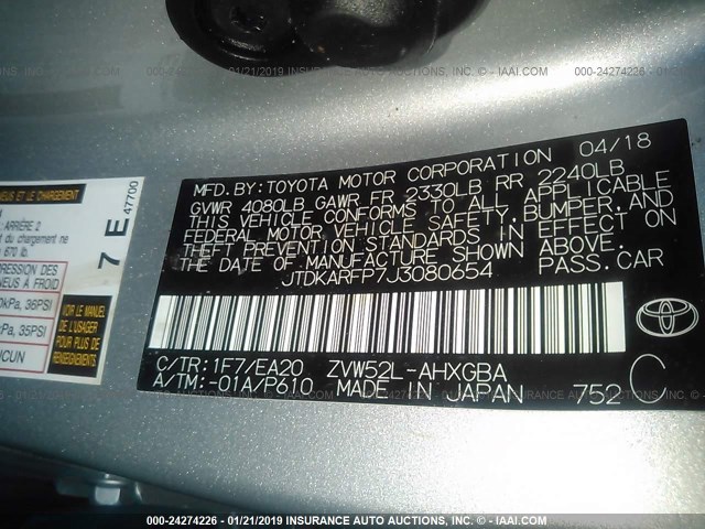 JTDKARFP7J3080654 - 2018 TOYOTA PRIUS PRIME  银色 照片 9