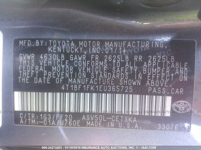 4T1BF1FK1EU365725 - 2014 TOYOTA CAMRY L/SE/LE/XLE 灰色 照片 9