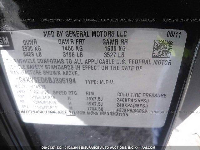 1GKKVSED6BJ396194 - 2011 GMC ACADIA SLT-2 BLACK photo 9