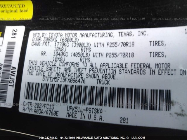 5TFEM5F15FX086476 - 2015 TOYOTA TUNDRA CREWMAX SR5 BLACK photo 9