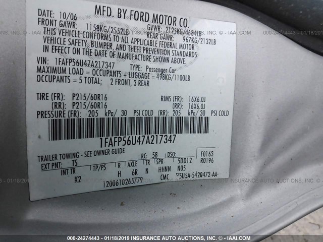 1FAFP56U47A217347 - 2007 FORD TAURUS SEL SILVER photo 9