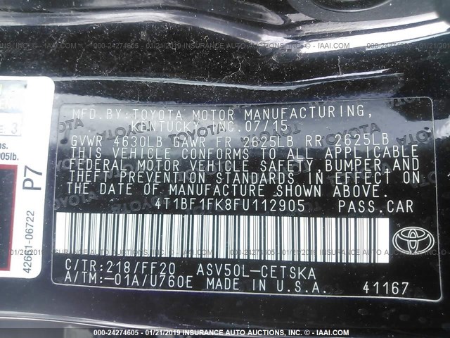 4T1BF1FK8FU112905 - 2015 TOYOTA CAMRY LE/XLE/SE/XSE BLACK photo 9