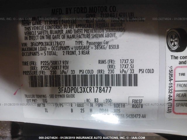 3FADP0L3XCR178477 - 2012 FORD FUSION HYBRID WHITE photo 9