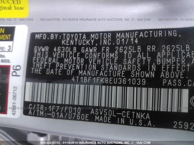 4T1BF1FK8EU361039 - 2014 TOYOTA CAMRY L/SE/LE/XLE ვერცხლისფერი ფოტო 9