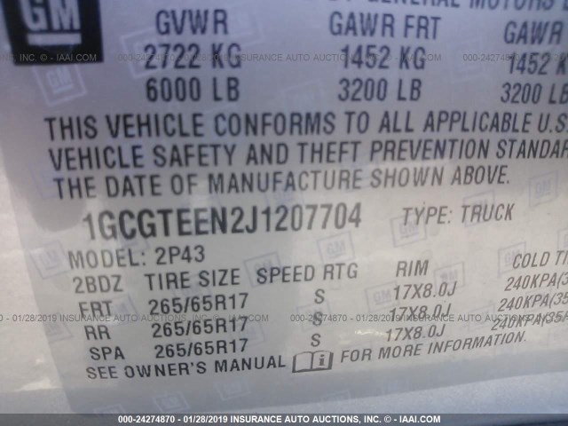 1GCGTEEN2J1207704 - 2018 CHEVROLET COLORADO ZR2 SILVER photo 9