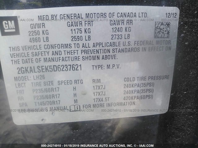 2GKALSEK5D6237621 - 2013 GMC TERRAIN SLE BLACK photo 9