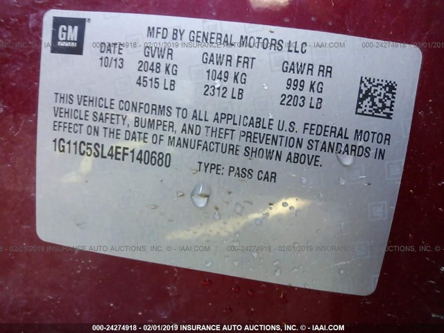 1G11C5SL4EF140680 - 2014 CHEVROLET MALIBU 1LT MAROON photo 9