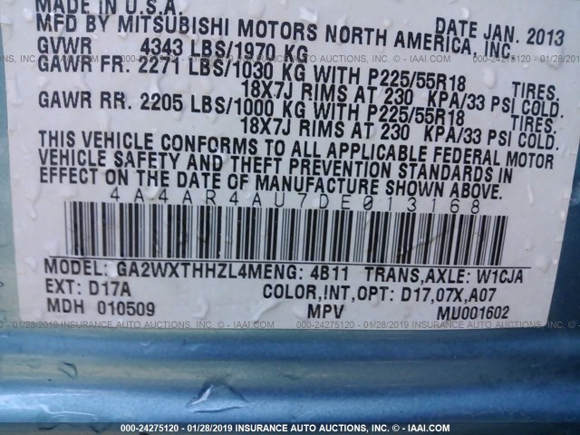 4A4AR4AU7DE013168 - 2013 MITSUBISHI OUTLANDER SPORT SE Light Blue photo 9