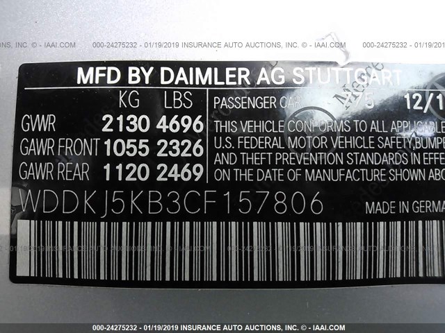 WDDKJ5KB3CF157806 - 2012 MERCEDES-BENZ E 350 SILVER photo 9