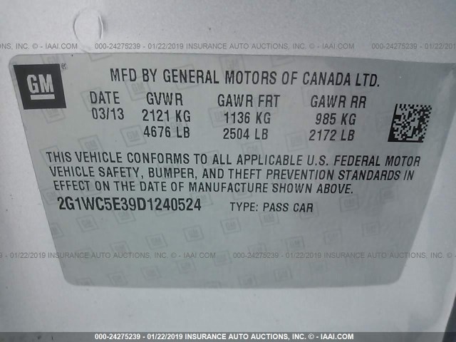 2G1WC5E39D1240524 - 2013 CHEVROLET IMPALA LTZ SILVER photo 9