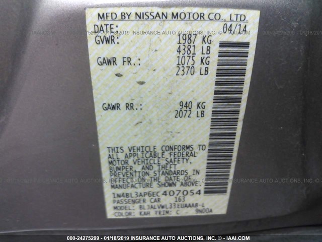 1N4BL3AP6EC407054 - 2014 NISSAN ALTIMA 3.5S/3.5SV/3.5SL SILVER photo 9