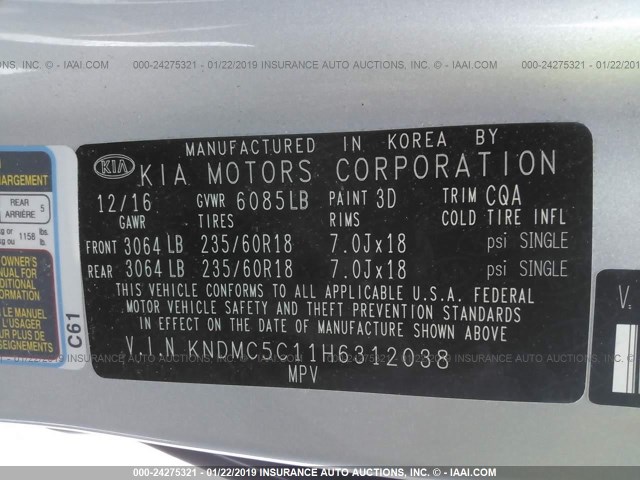 KNDMC5C11H6312038 - 2017 KIA SEDONA EX/SX SILVER photo 9