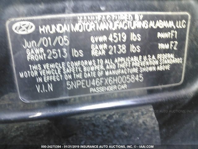 5NPEU46FX6H005845 - 2006 HYUNDAI SONATA GLS/LX BLACK photo 9