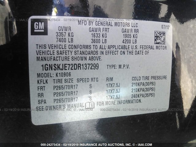 1GNSKJE72DR137299 - 2013 CHEVROLET SUBURBAN K1500 LT BLACK photo 9