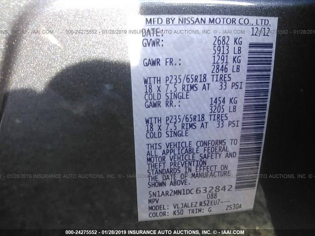 5N1AR2MN1DC632842 - 2013 NISSAN PATHFINDER S/SV/SL/PLATINUM GRAY photo 9