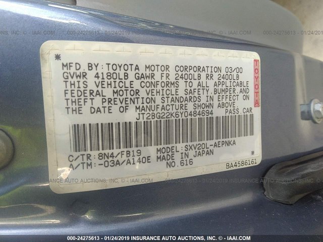 JT2BG22K6Y0484694 - 2000 TOYOTA CAMRY CE/LE/XLE BLUE photo 9