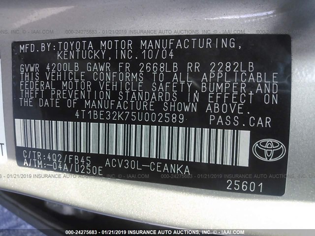 4T1BE32K75U002589 - 2005 TOYOTA CAMRY LE/XLE/SE GOLD photo 9