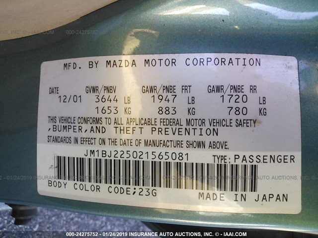 JM1BJ225021565081 - 2002 MAZDA PROTEGE DX/LX/ES GREEN photo 9