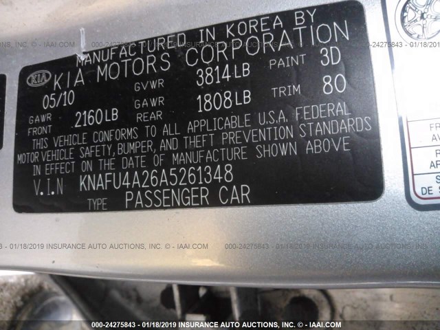 KNAFU4A26A5261348 - 2010 KIA FORTE EX SILVER photo 9