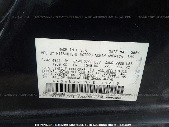 4A3AB36F64E138210 - 2004 MITSUBISHI GALANT ES MEDIUM/LS MEDIUM BLACK photo 9